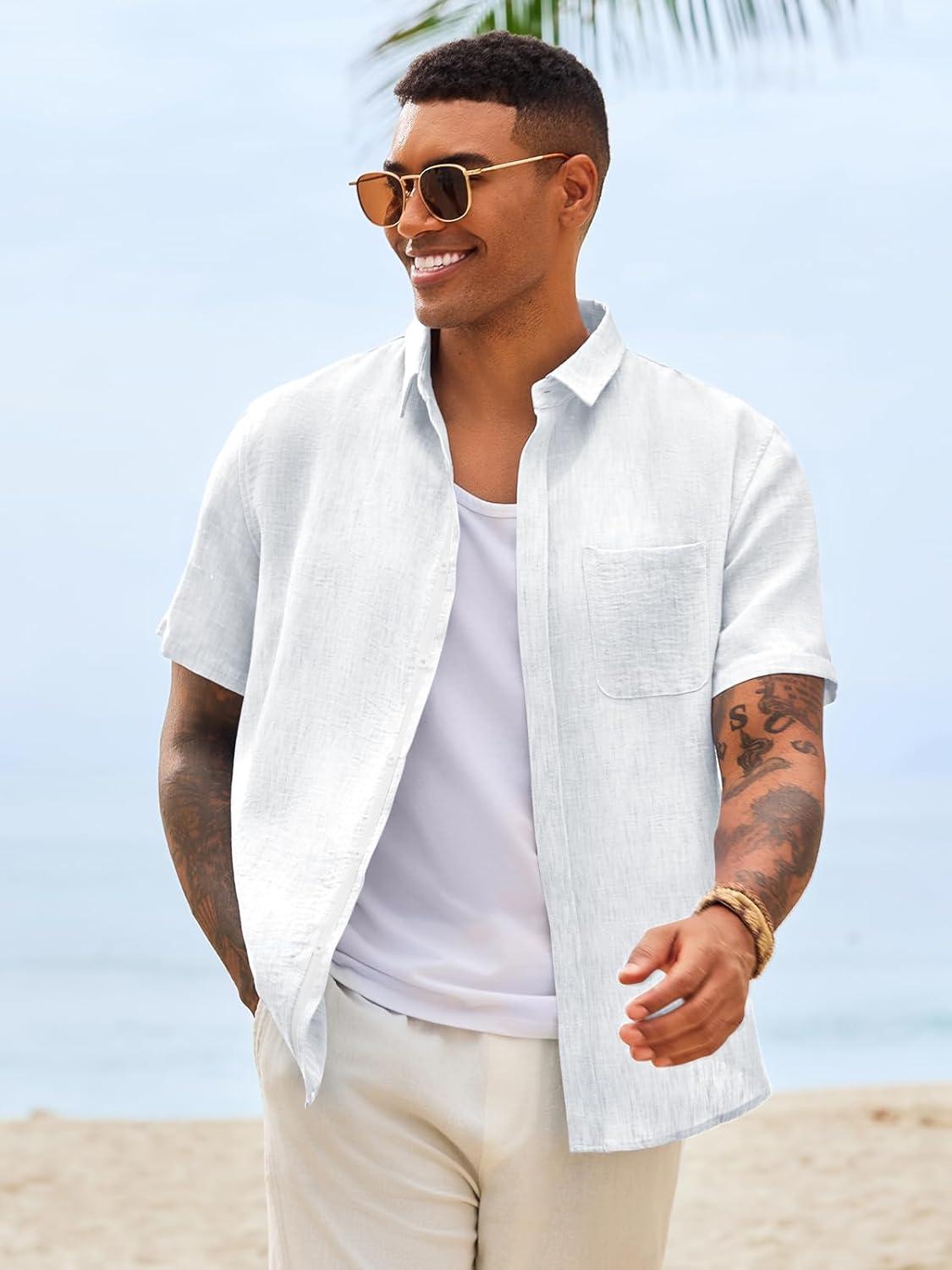 imageRuncati Mens Button Down Shirts Casual Short Sleeve Linen Shirt Summer Beach Wedding Tops with PocketWhite