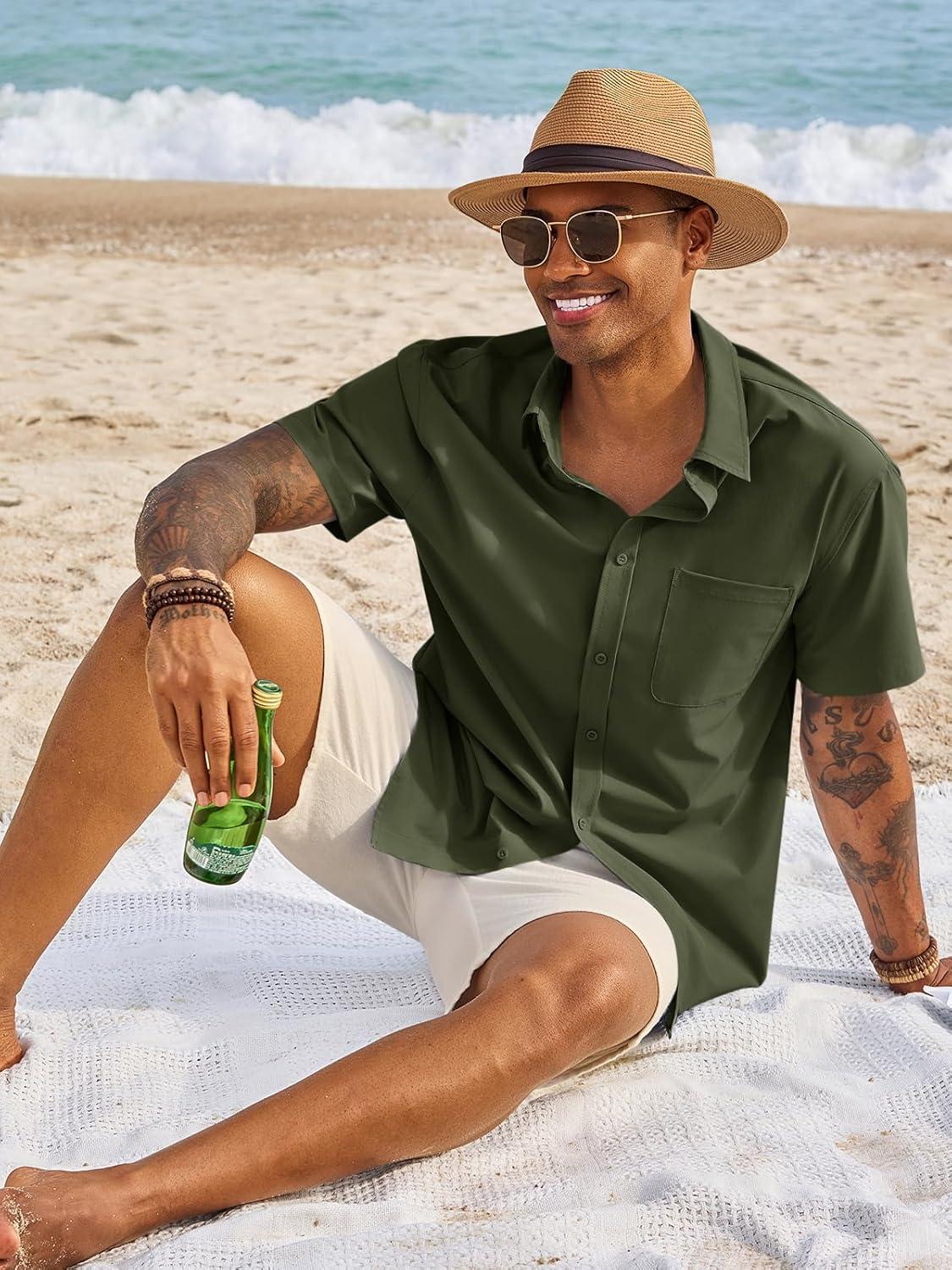 imageRuncati Mens Button Down Shirts Short Sleeve Casual Dress Shirt Summer Untucked Shirts with PocketArmy Green