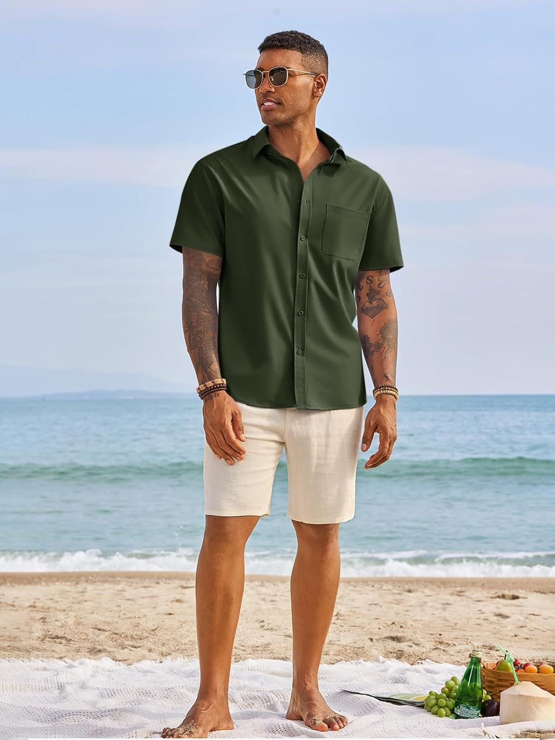 imageRuncati Mens Button Down Shirts Short Sleeve Casual Dress Shirt Summer Untucked Shirts with PocketArmy Green