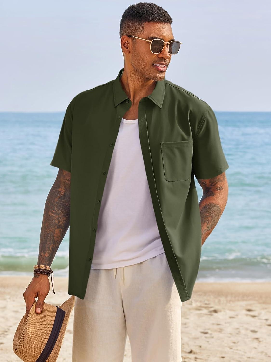 imageRuncati Mens Button Down Shirts Short Sleeve Casual Dress Shirt Summer Untucked Shirts with PocketArmy Green