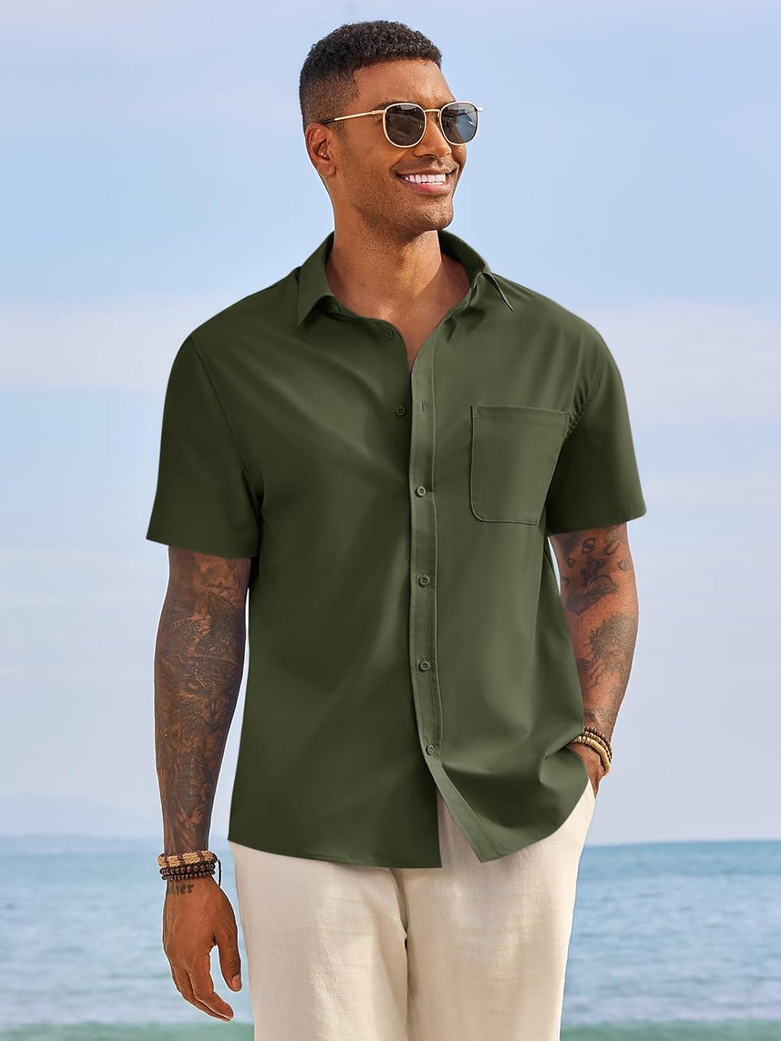 imageRuncati Mens Button Down Shirts Short Sleeve Casual Dress Shirt Summer Untucked Shirts with PocketArmy Green