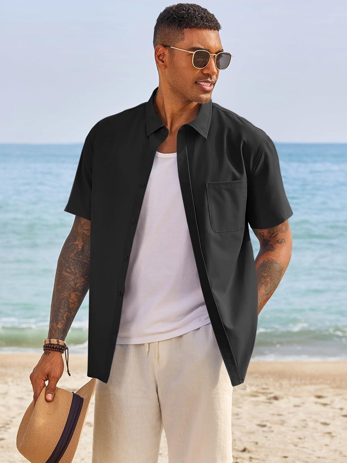 imageRuncati Mens Button Down Shirts Short Sleeve Casual Dress Shirt Summer Untucked Shirts with PocketBlack