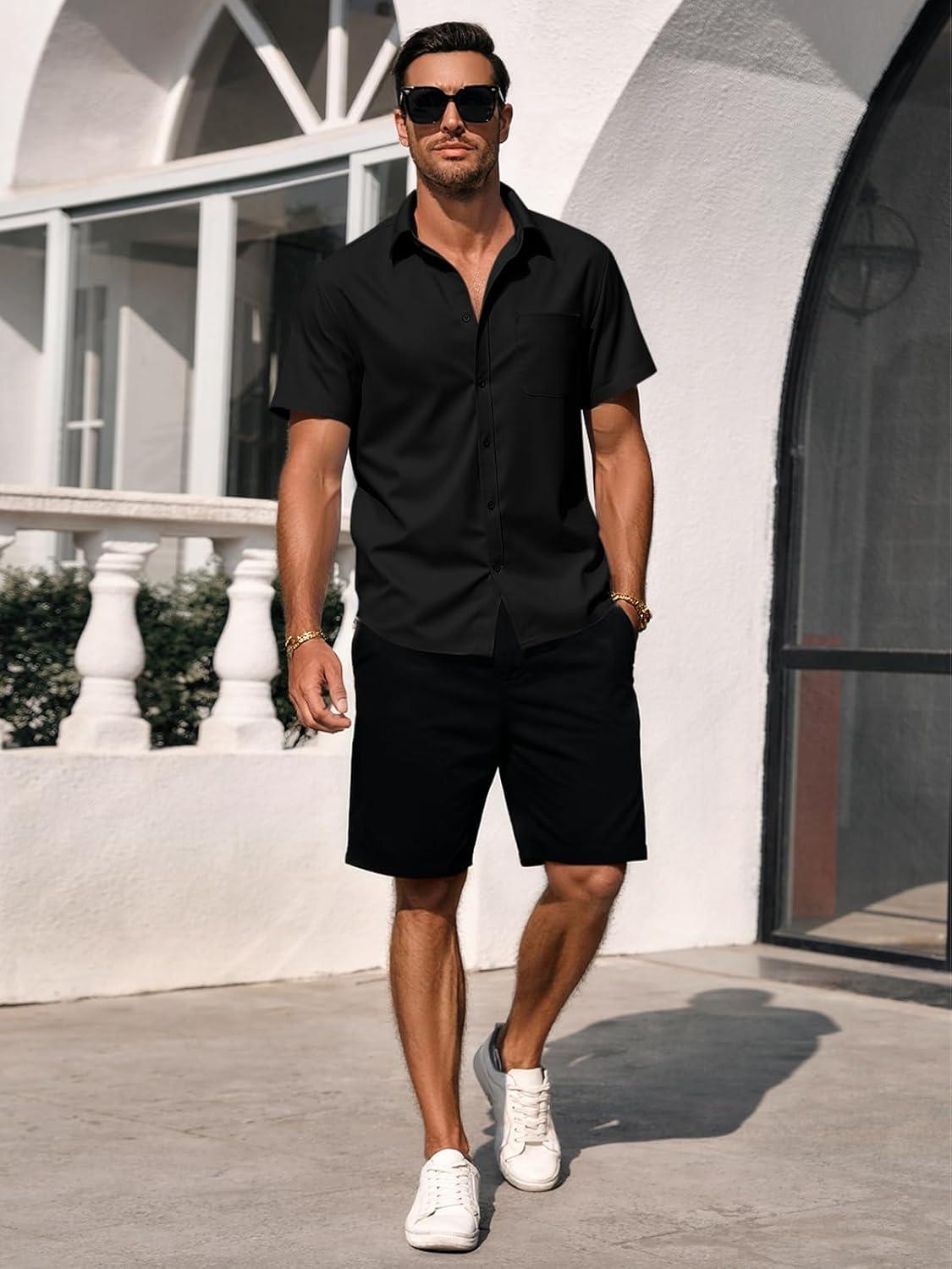 imageRuncati Mens Button Down Shirts Short Sleeve Casual Dress Shirt Summer Untucked Shirts with PocketBlack