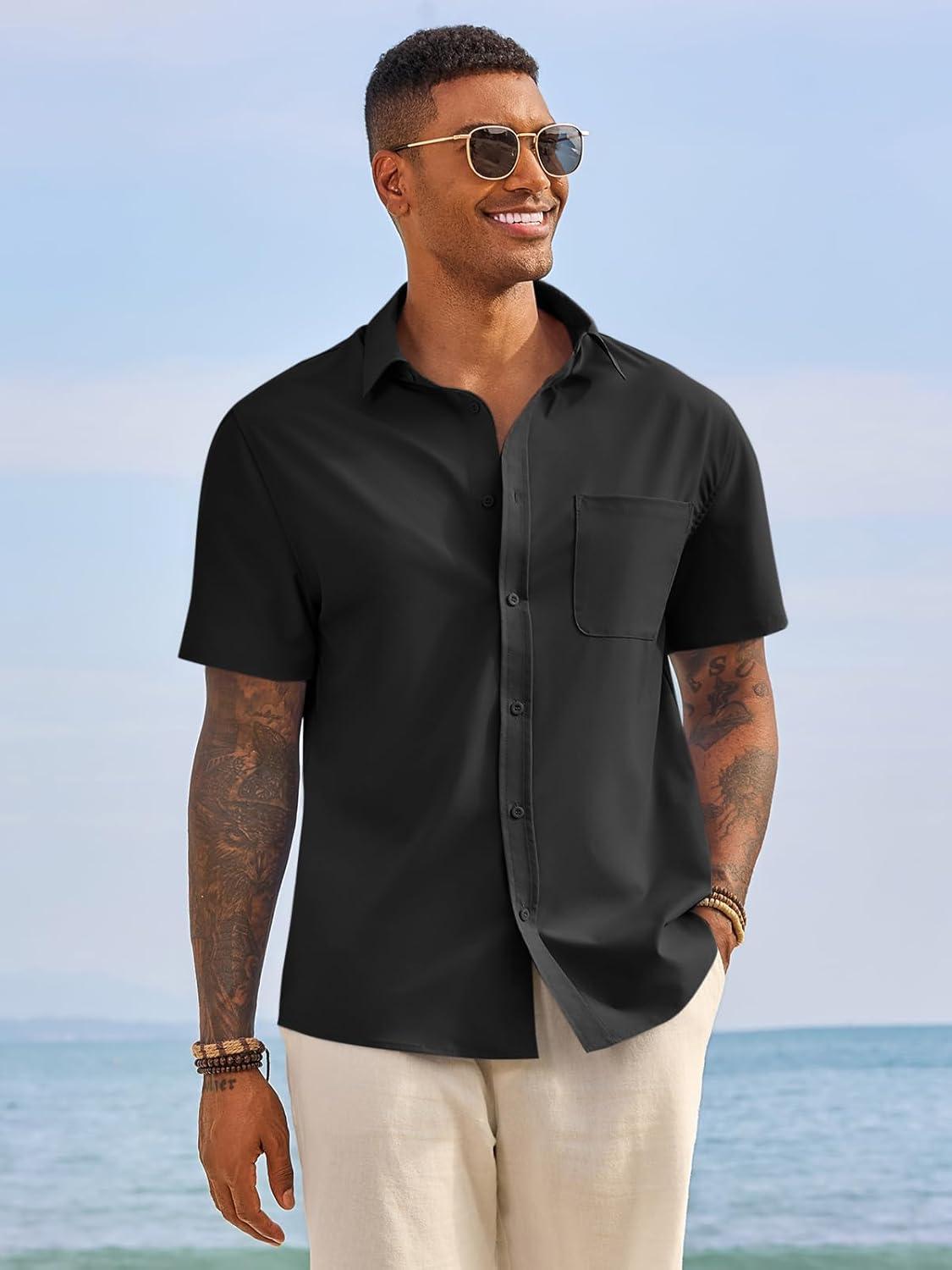 imageRuncati Mens Button Down Shirts Short Sleeve Casual Dress Shirt Summer Untucked Shirts with PocketBlack