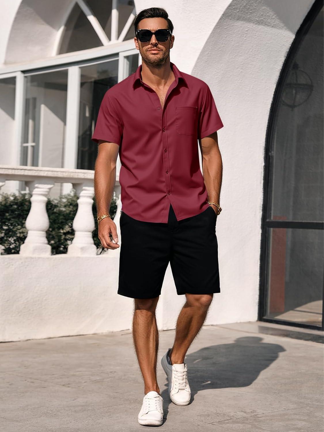 imageRuncati Mens Button Down Shirts Short Sleeve Casual Dress Shirt Summer Untucked Shirts with PocketBurgundy