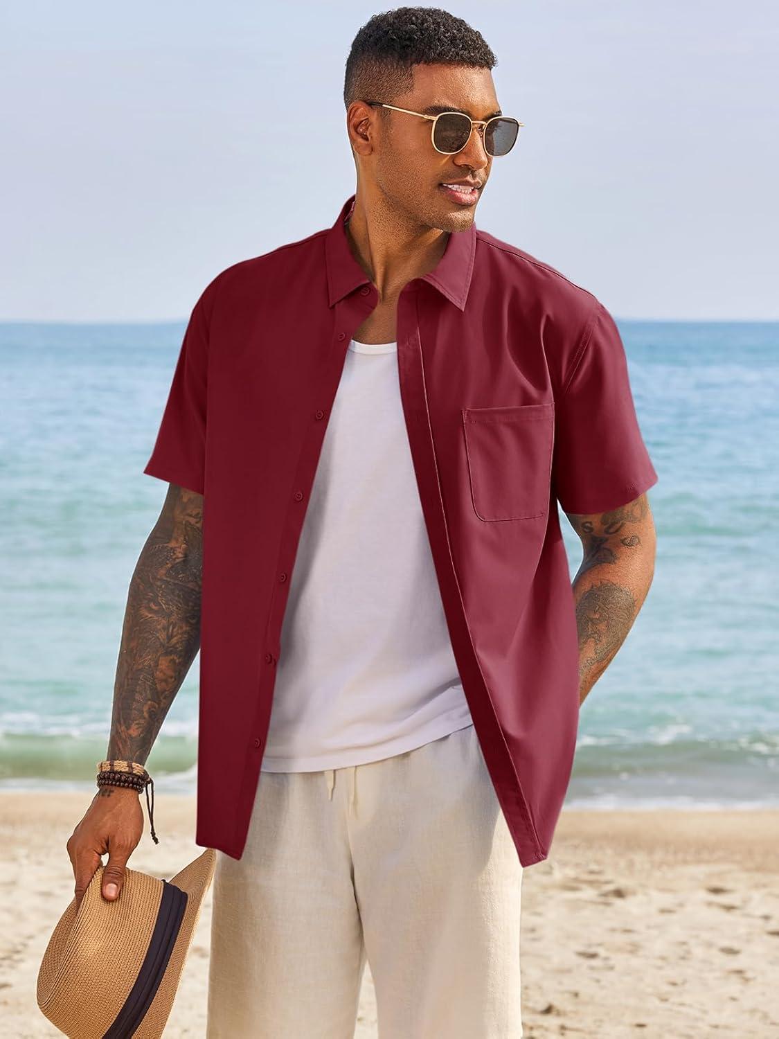 imageRuncati Mens Button Down Shirts Short Sleeve Casual Dress Shirt Summer Untucked Shirts with PocketBurgundy