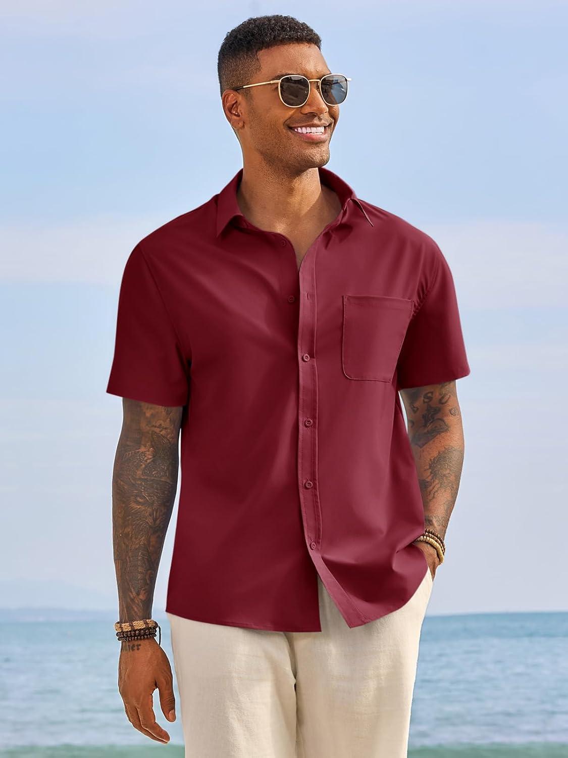 imageRuncati Mens Button Down Shirts Short Sleeve Casual Dress Shirt Summer Untucked Shirts with PocketBurgundy