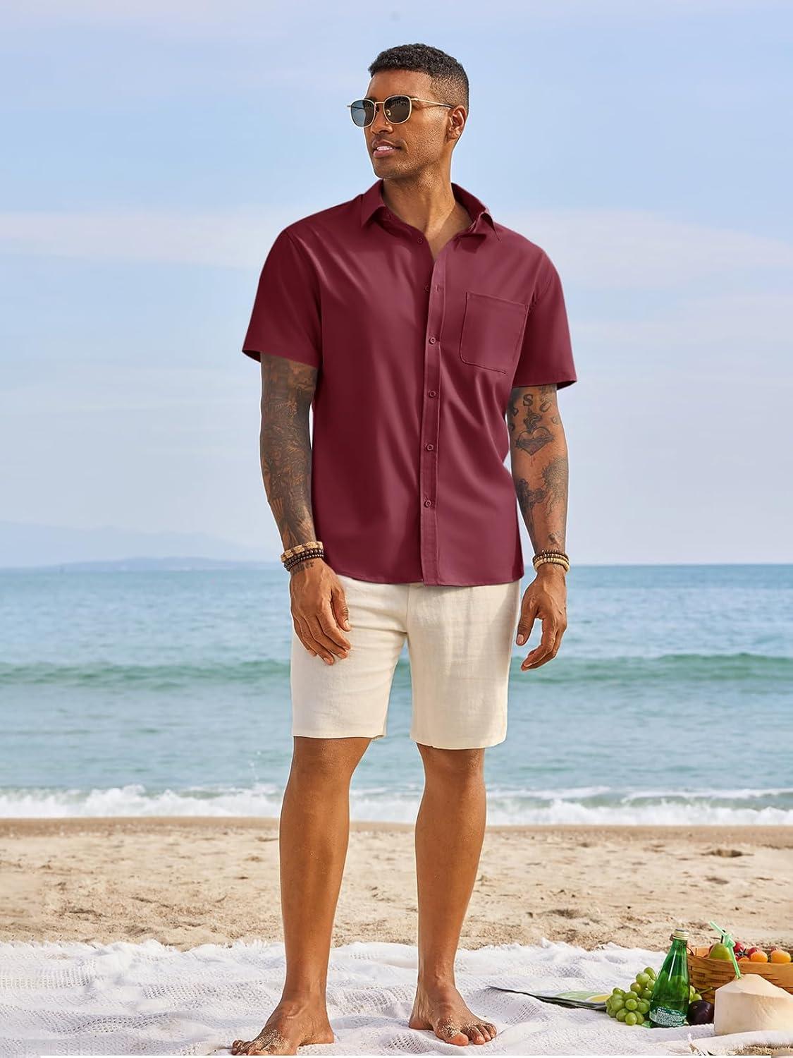 imageRuncati Mens Button Down Shirts Short Sleeve Casual Dress Shirt Summer Untucked Shirts with PocketBurgundy
