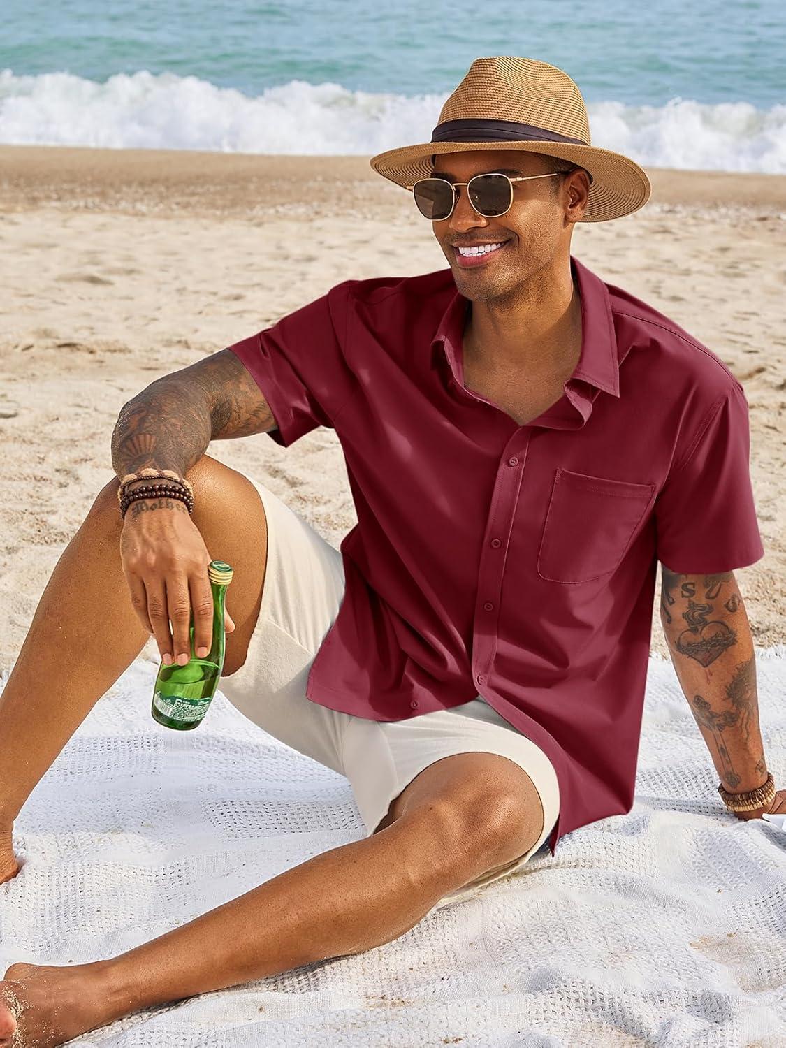 imageRuncati Mens Button Down Shirts Short Sleeve Casual Dress Shirt Summer Untucked Shirts with PocketBurgundy