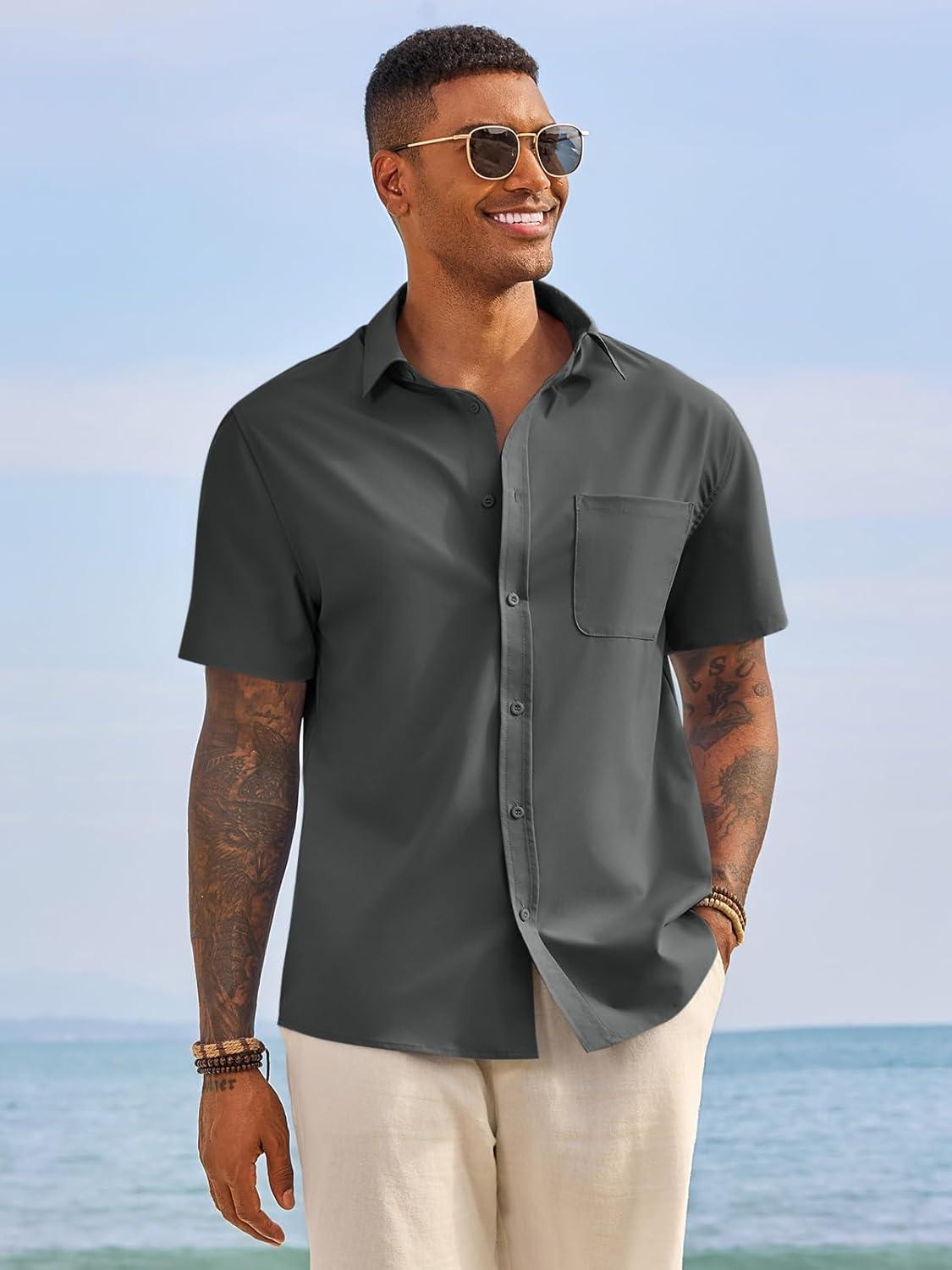 imageRuncati Mens Button Down Shirts Short Sleeve Casual Dress Shirt Summer Untucked Shirts with PocketDark Grey