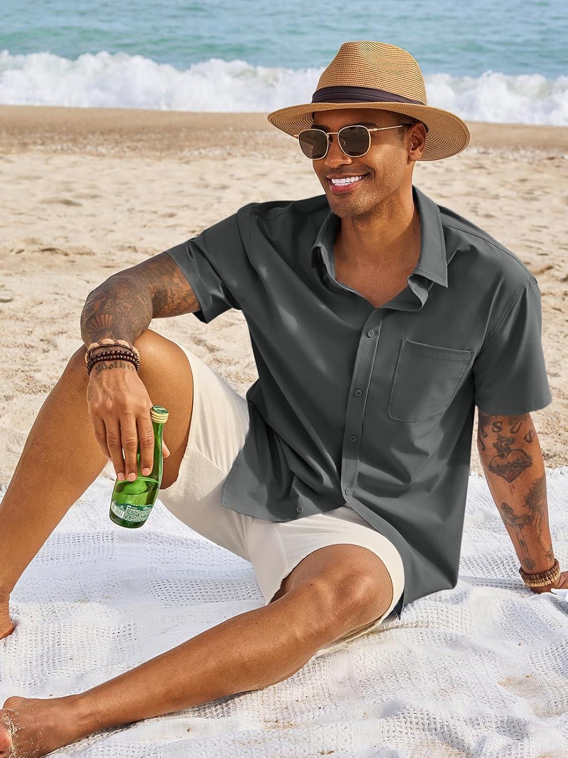 imageRuncati Mens Button Down Shirts Short Sleeve Casual Dress Shirt Summer Untucked Shirts with PocketDark Grey