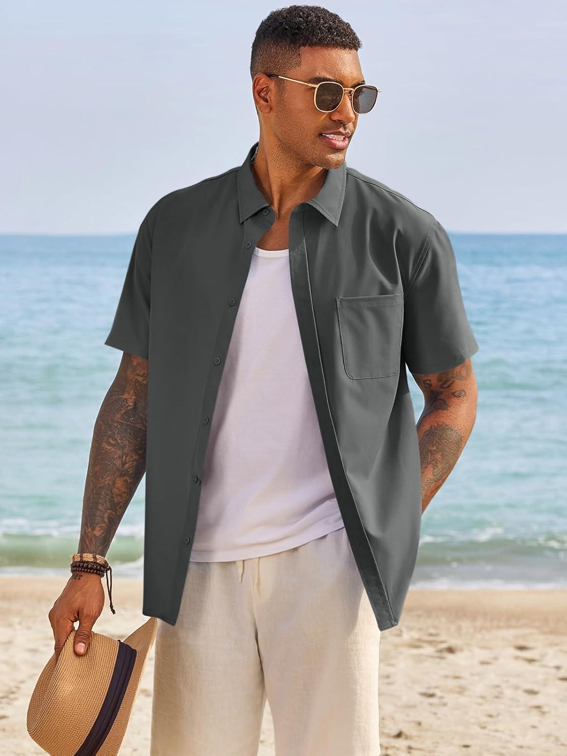 imageRuncati Mens Button Down Shirts Short Sleeve Casual Dress Shirt Summer Untucked Shirts with PocketDark Grey