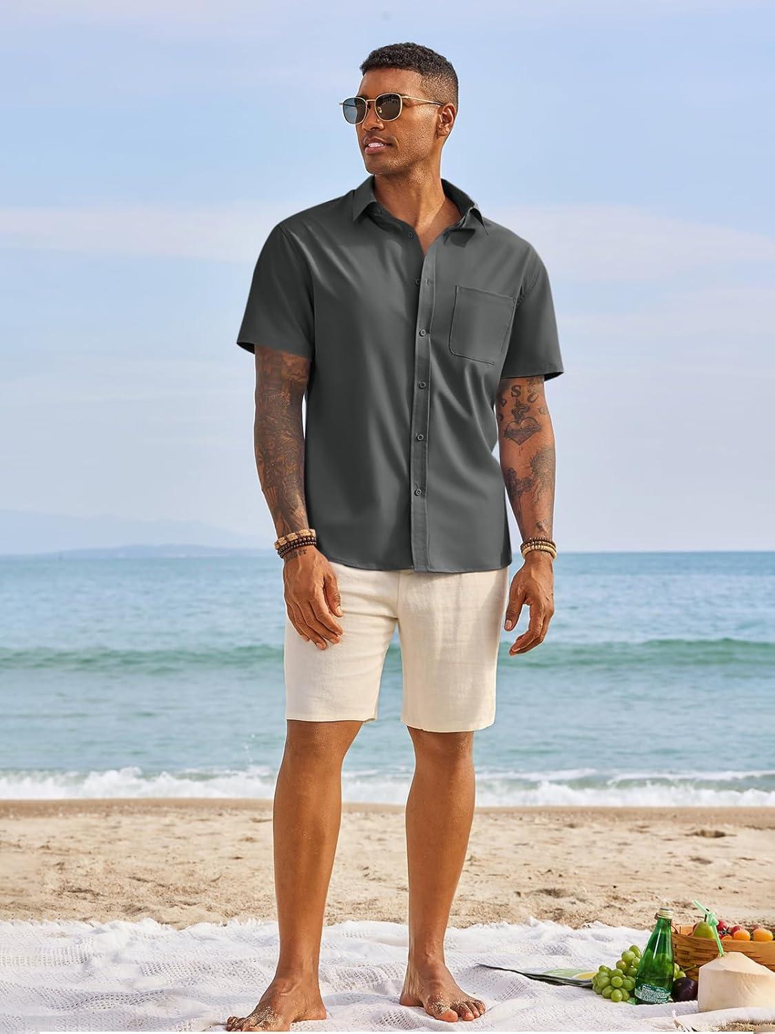 imageRuncati Mens Button Down Shirts Short Sleeve Casual Dress Shirt Summer Untucked Shirts with PocketDark Grey
