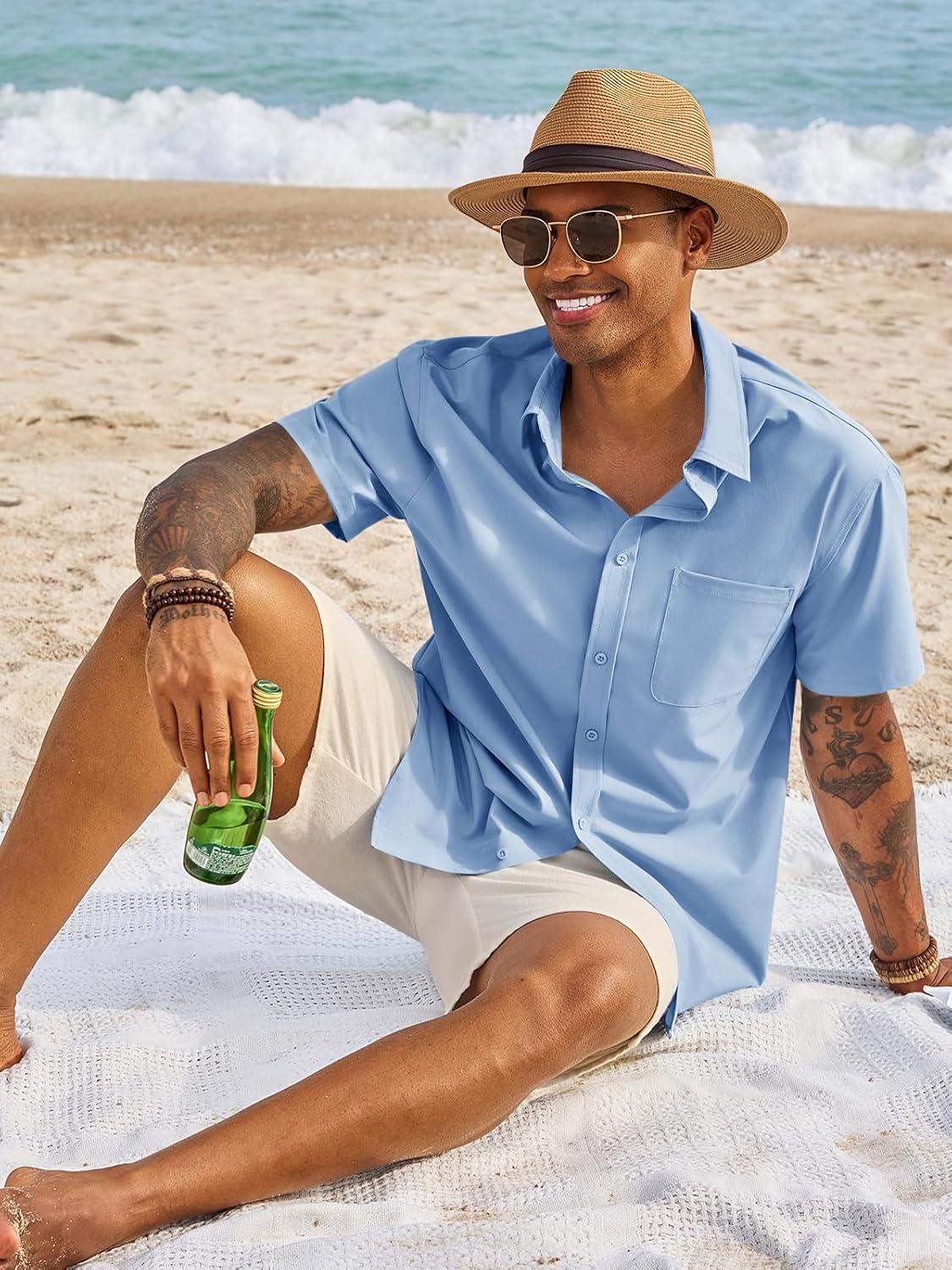 imageRuncati Mens Button Down Shirts Short Sleeve Casual Dress Shirt Summer Untucked Shirts with PocketLight Blue