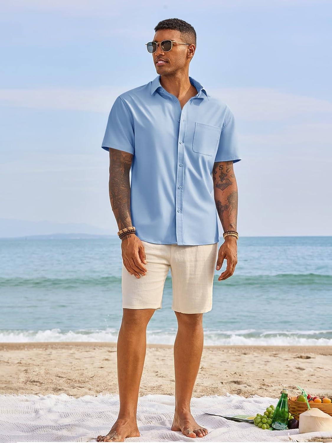 imageRuncati Mens Button Down Shirts Short Sleeve Casual Dress Shirt Summer Untucked Shirts with PocketLight Blue