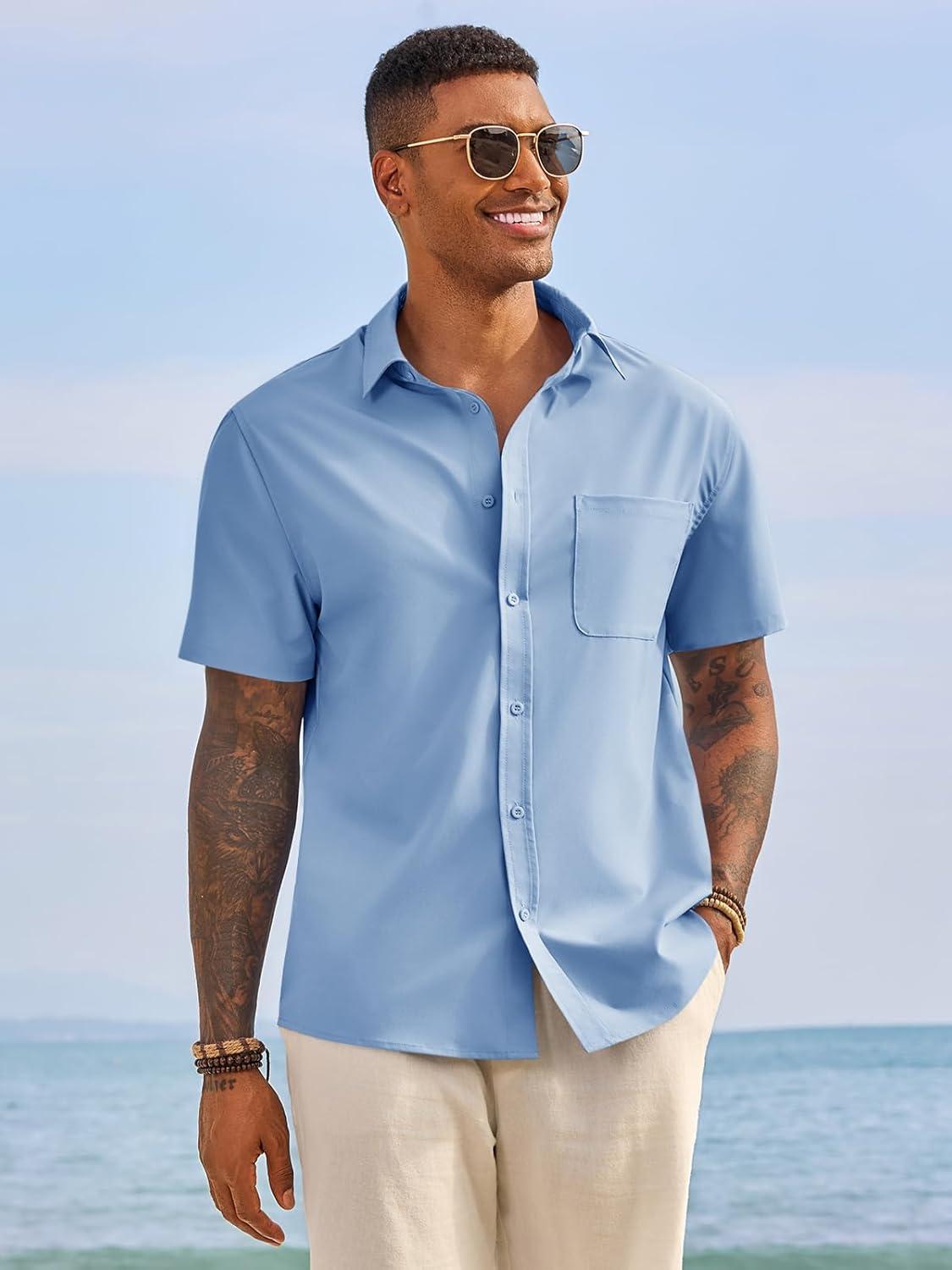 imageRuncati Mens Button Down Shirts Short Sleeve Casual Dress Shirt Summer Untucked Shirts with PocketLight Blue