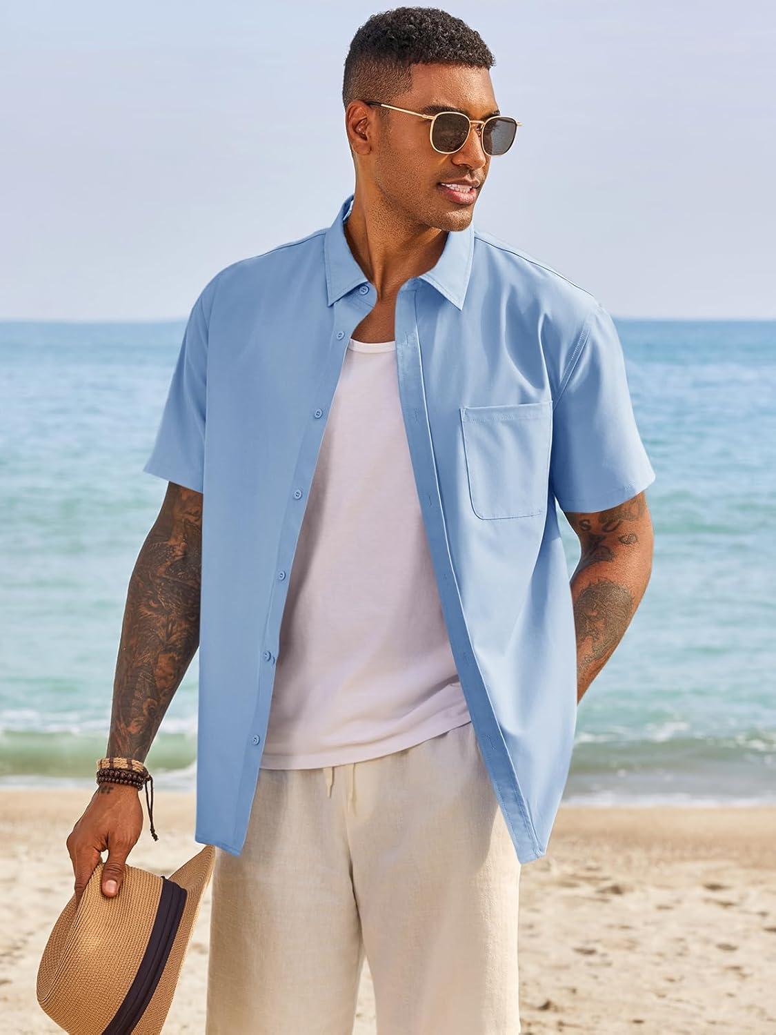 imageRuncati Mens Button Down Shirts Short Sleeve Casual Dress Shirt Summer Untucked Shirts with PocketLight Blue