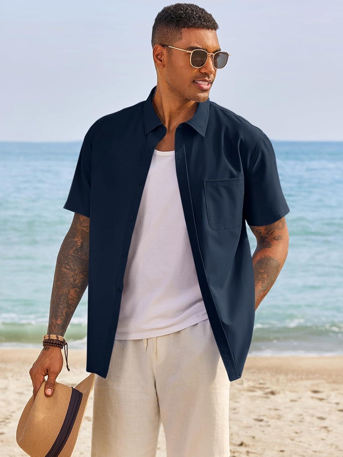 imageRuncati Mens Button Down Shirts Short Sleeve Casual Dress Shirt Summer Untucked Shirts with PocketNavy