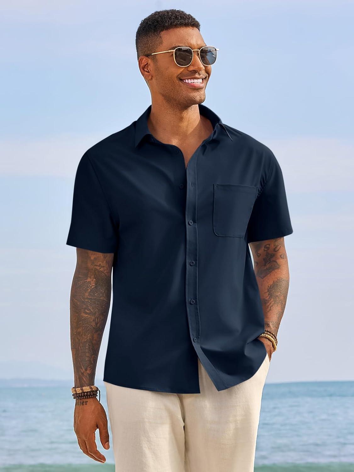 imageRuncati Mens Button Down Shirts Short Sleeve Casual Dress Shirt Summer Untucked Shirts with PocketNavy