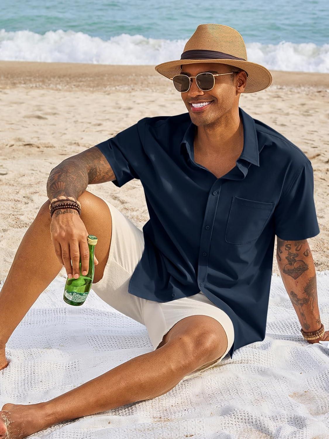 imageRuncati Mens Button Down Shirts Short Sleeve Casual Dress Shirt Summer Untucked Shirts with PocketNavy