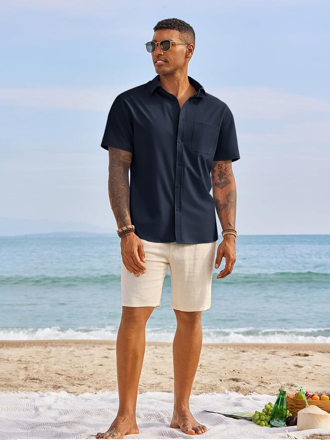 imageRuncati Mens Button Down Shirts Short Sleeve Casual Dress Shirt Summer Untucked Shirts with PocketNavy