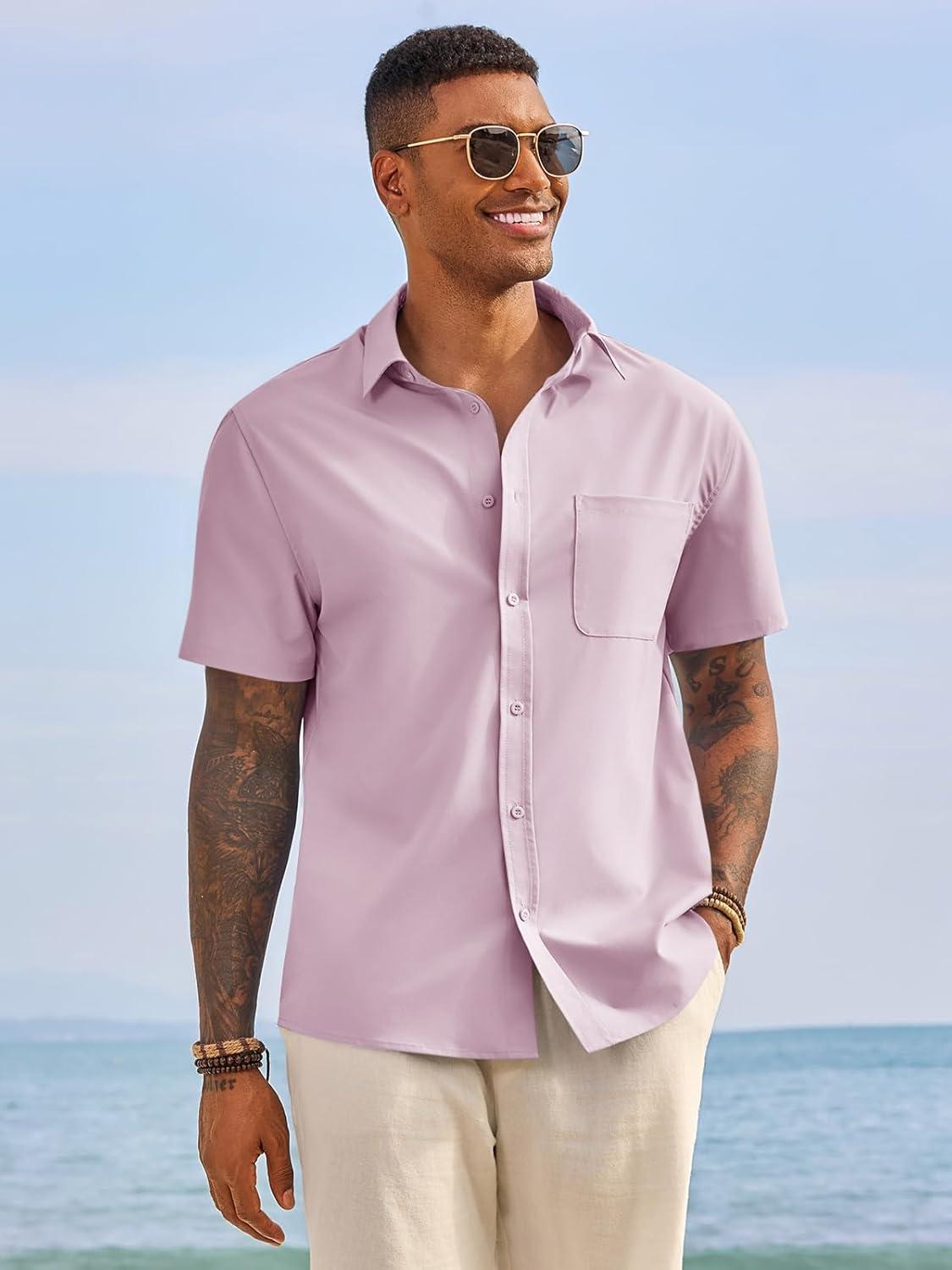 imageRuncati Mens Button Down Shirts Short Sleeve Casual Dress Shirt Summer Untucked Shirts with PocketPink