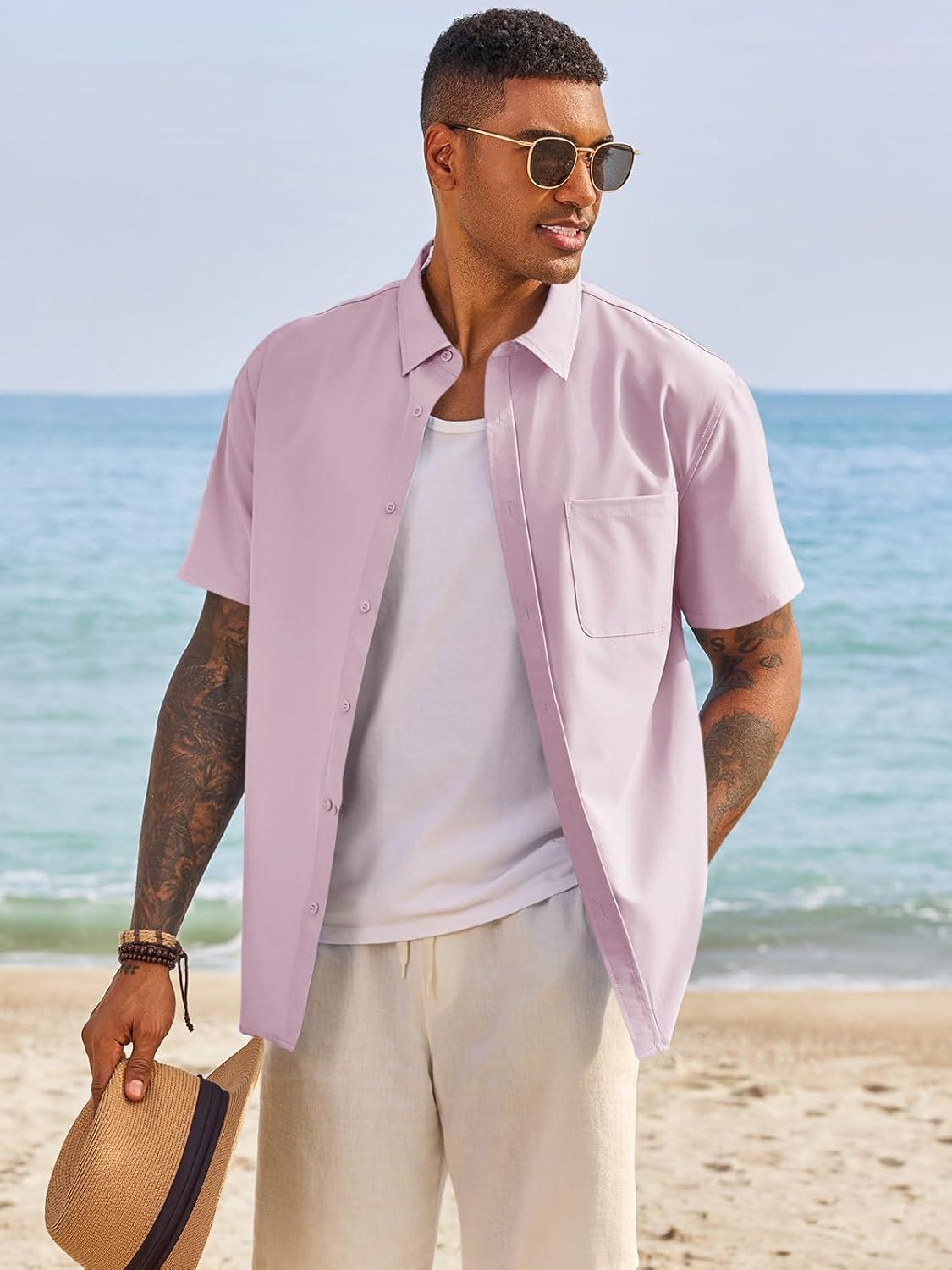 imageRuncati Mens Button Down Shirts Short Sleeve Casual Dress Shirt Summer Untucked Shirts with PocketPink