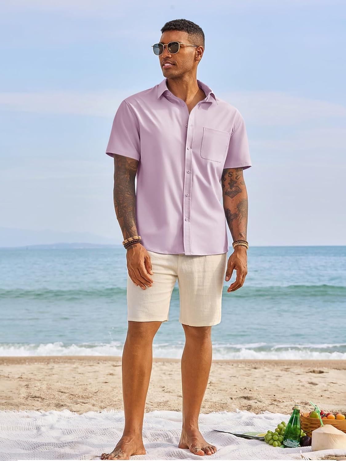 imageRuncati Mens Button Down Shirts Short Sleeve Casual Dress Shirt Summer Untucked Shirts with PocketPink