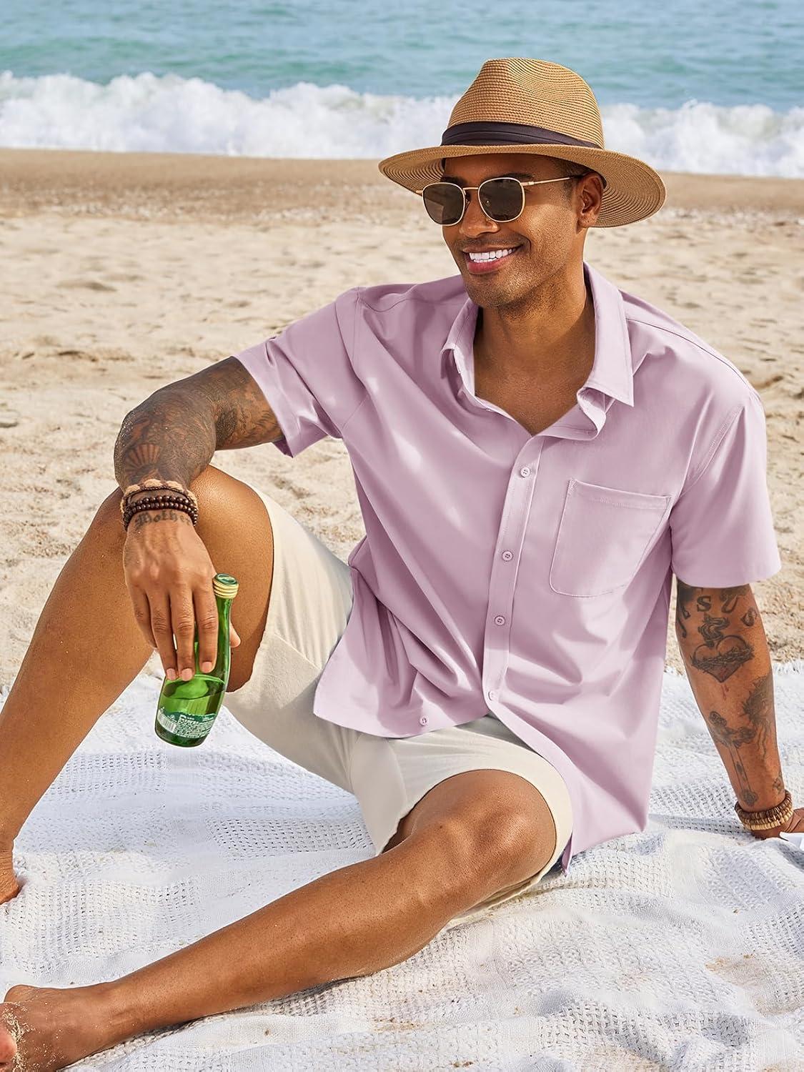 imageRuncati Mens Button Down Shirts Short Sleeve Casual Dress Shirt Summer Untucked Shirts with PocketPink