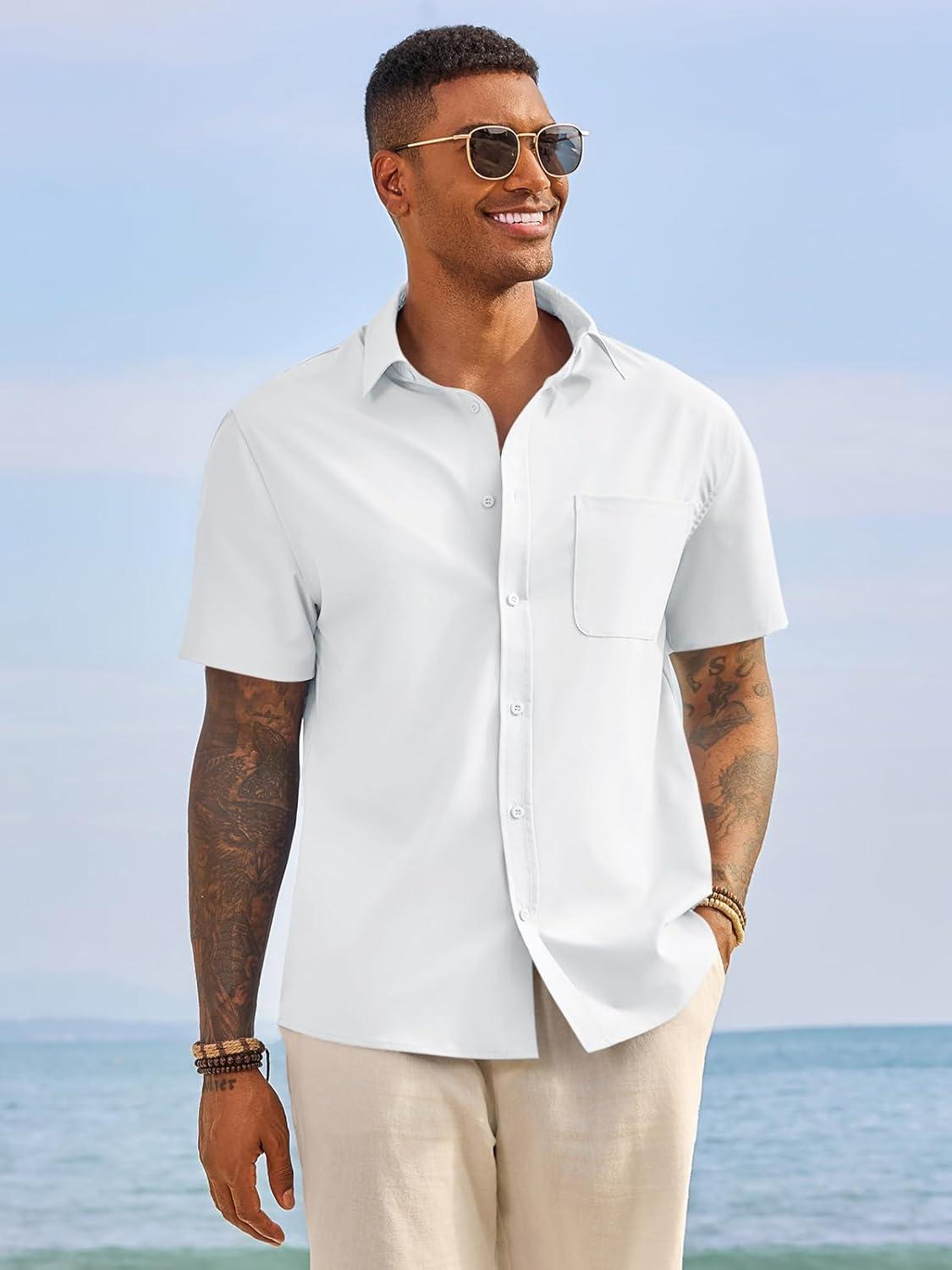 imageRuncati Mens Button Down Shirts Short Sleeve Casual Dress Shirt Summer Untucked Shirts with PocketWhite