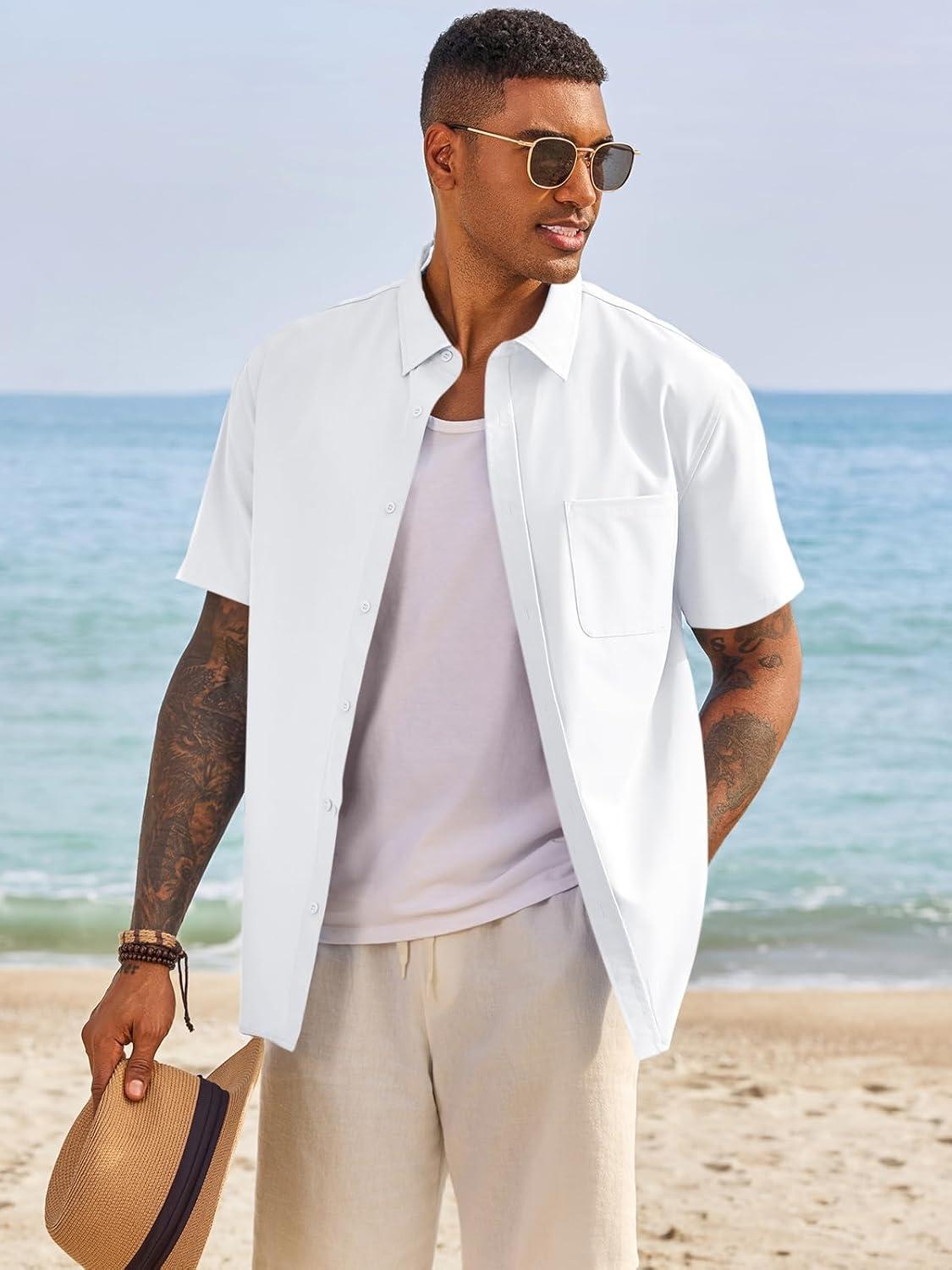 imageRuncati Mens Button Down Shirts Short Sleeve Casual Dress Shirt Summer Untucked Shirts with PocketWhite