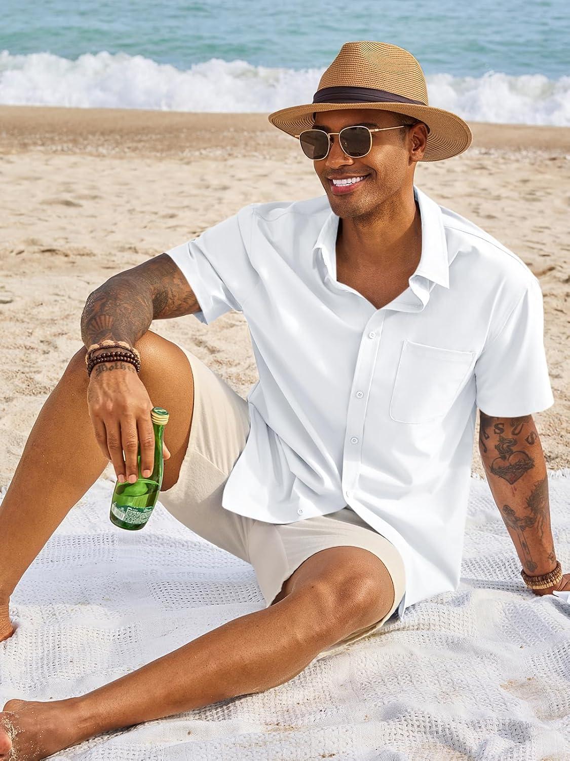 imageRuncati Mens Button Down Shirts Short Sleeve Casual Dress Shirt Summer Untucked Shirts with PocketWhite