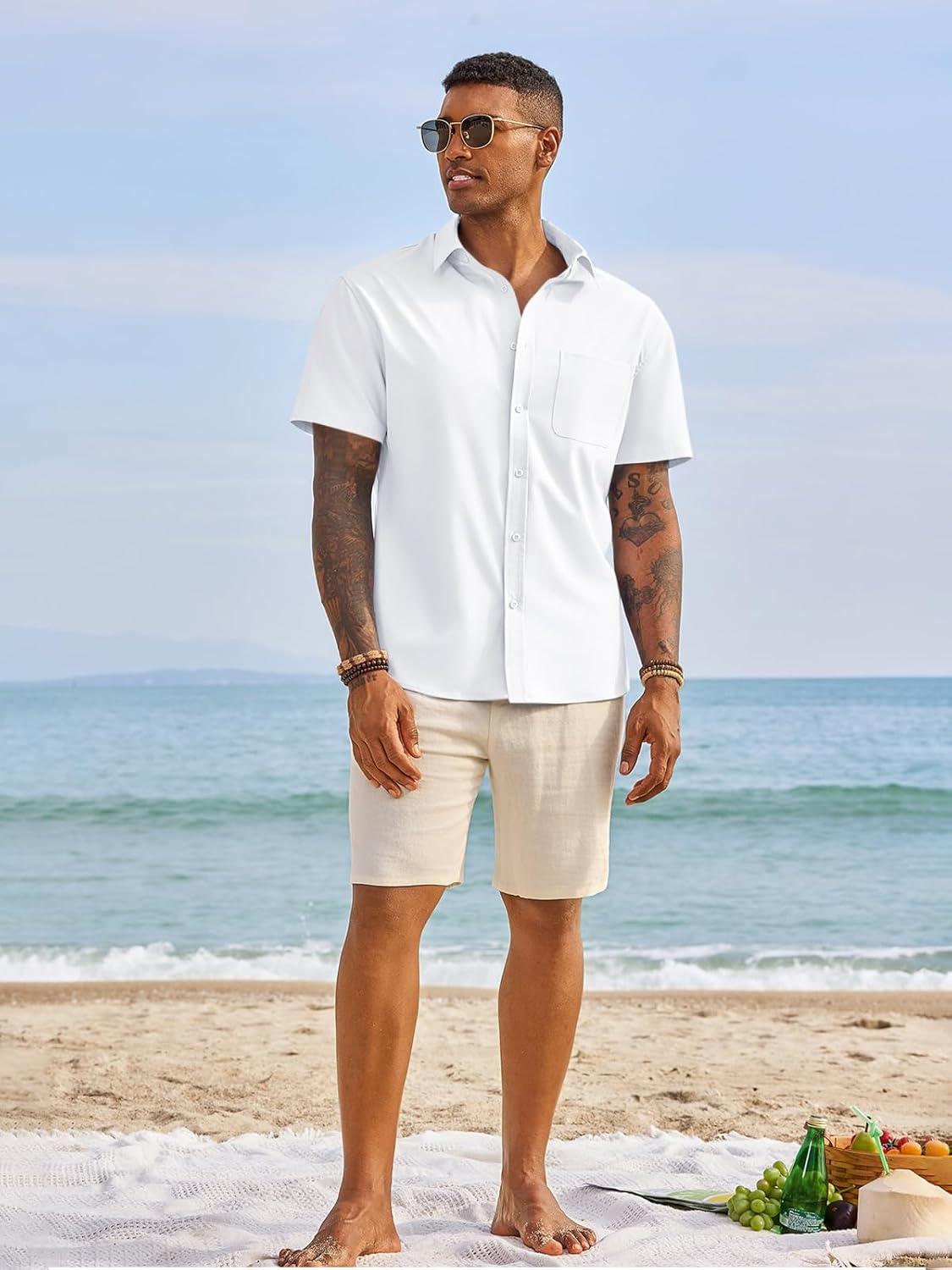 imageRuncati Mens Button Down Shirts Short Sleeve Casual Dress Shirt Summer Untucked Shirts with PocketWhite