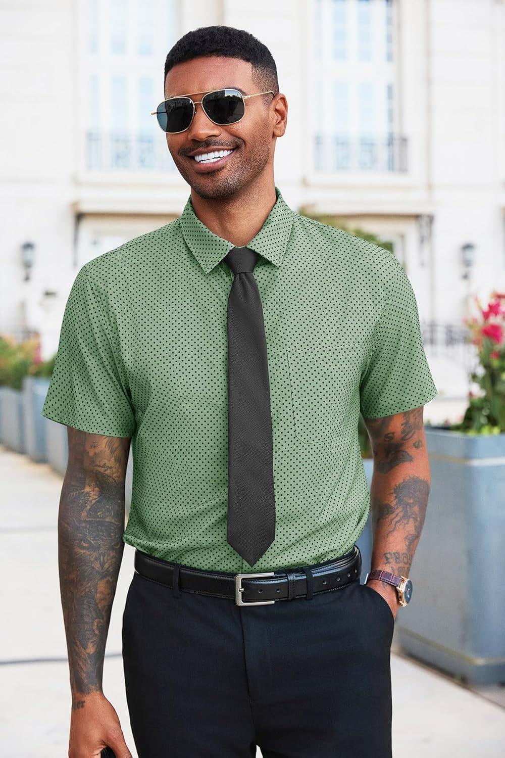 imageRuncati Mens Button Down Shirts Short Sleeve Wrinkle Free Dress Shirts Business Casual Polka Dot Print Shirt with PocketArmy Green