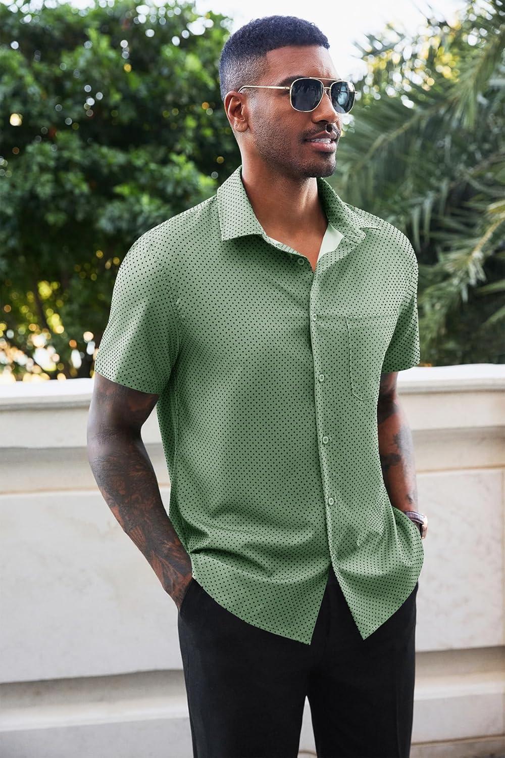 imageRuncati Mens Button Down Shirts Short Sleeve Wrinkle Free Dress Shirts Business Casual Polka Dot Print Shirt with PocketArmy Green