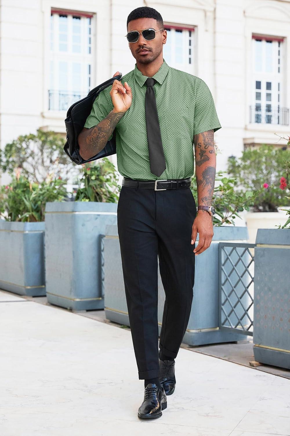 imageRuncati Mens Button Down Shirts Short Sleeve Wrinkle Free Dress Shirts Business Casual Polka Dot Print Shirt with PocketArmy Green