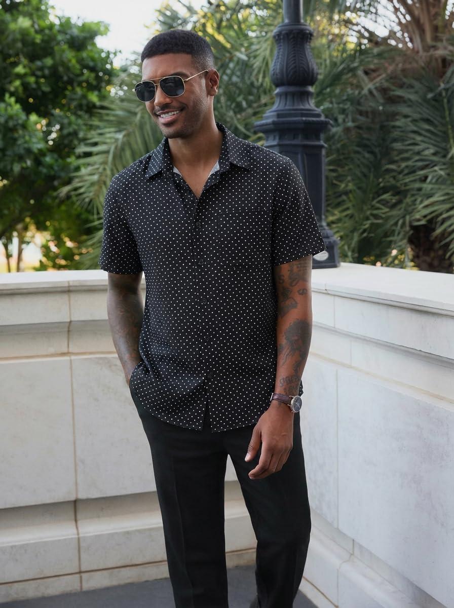 imageRuncati Mens Button Down Shirts Short Sleeve Wrinkle Free Dress Shirts Business Casual Polka Dot Print Shirt with PocketBlack