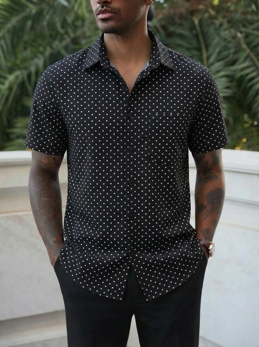 imageRuncati Mens Button Down Shirts Short Sleeve Wrinkle Free Dress Shirts Business Casual Polka Dot Print Shirt with PocketBlack