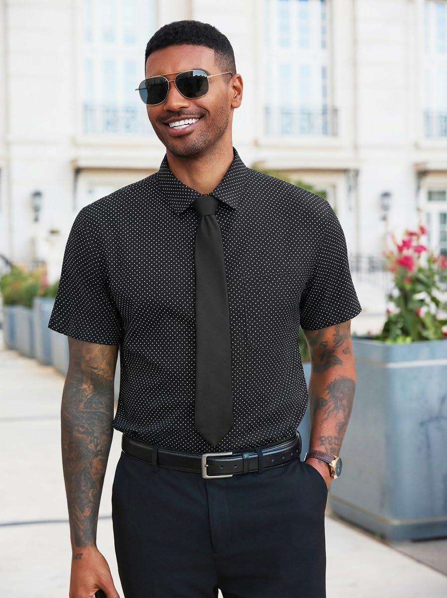 imageRuncati Mens Button Down Shirts Short Sleeve Wrinkle Free Dress Shirts Business Casual Polka Dot Print Shirt with PocketBlack