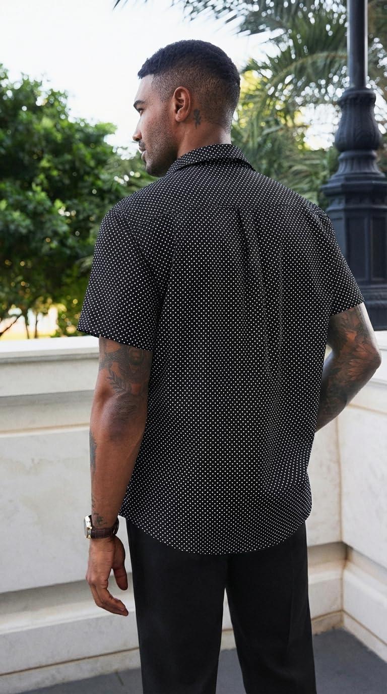 imageRuncati Mens Button Down Shirts Short Sleeve Wrinkle Free Dress Shirts Business Casual Polka Dot Print Shirt with PocketBlack