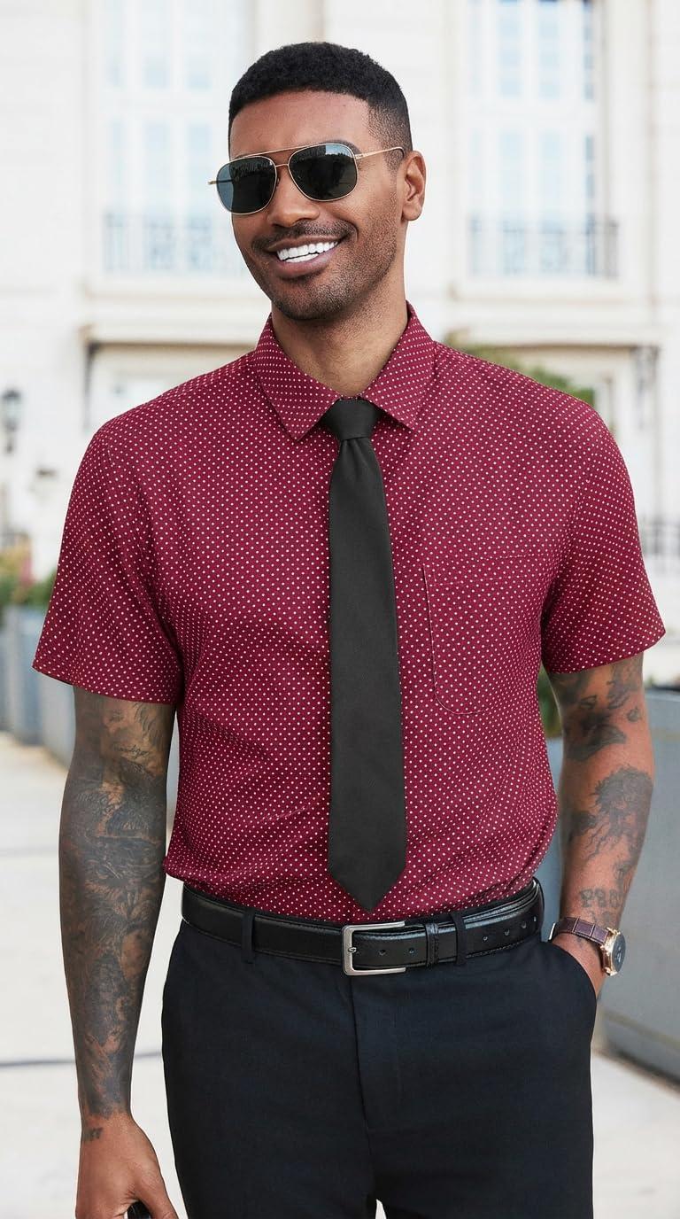 imageRuncati Mens Button Down Shirts Short Sleeve Wrinkle Free Dress Shirts Business Casual Polka Dot Print Shirt with PocketBurgundy