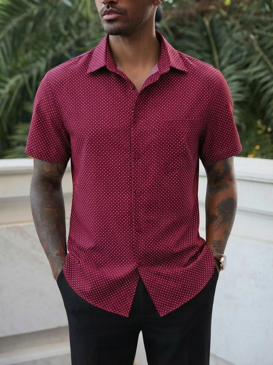 imageRuncati Mens Button Down Shirts Short Sleeve Wrinkle Free Dress Shirts Business Casual Polka Dot Print Shirt with PocketBurgundy
