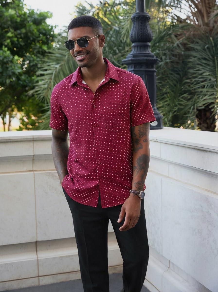 imageRuncati Mens Button Down Shirts Short Sleeve Wrinkle Free Dress Shirts Business Casual Polka Dot Print Shirt with PocketBurgundy