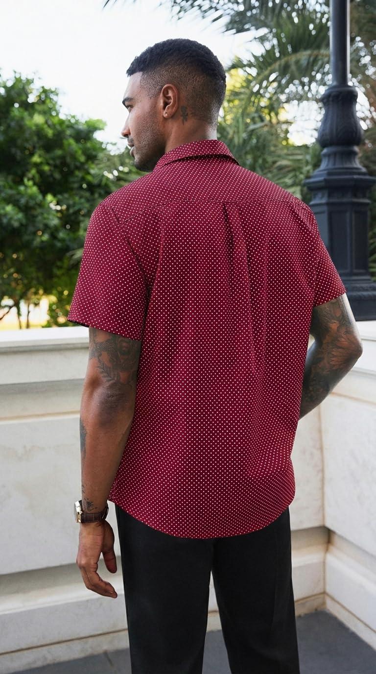 imageRuncati Mens Button Down Shirts Short Sleeve Wrinkle Free Dress Shirts Business Casual Polka Dot Print Shirt with PocketBurgundy
