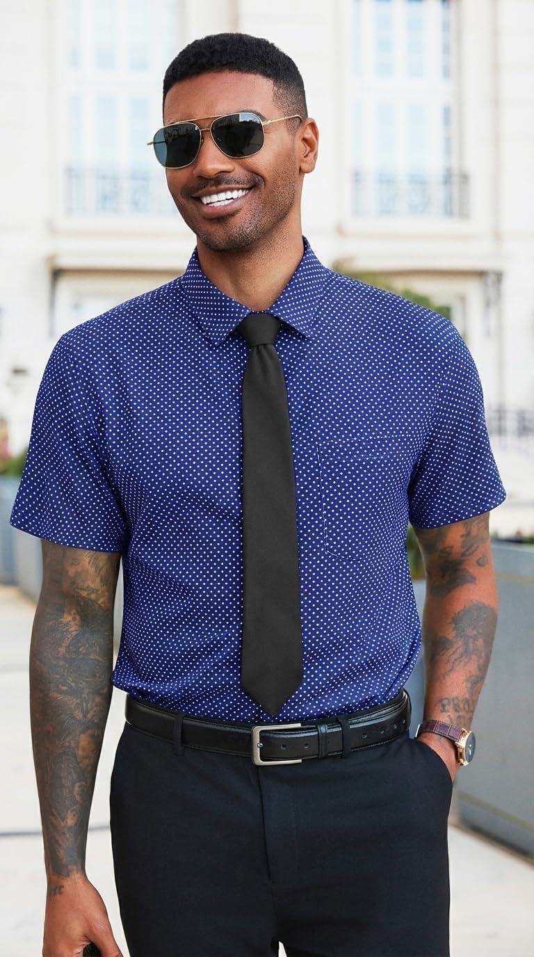 imageRuncati Mens Button Down Shirts Short Sleeve Wrinkle Free Dress Shirts Business Casual Polka Dot Print Shirt with PocketNavy
