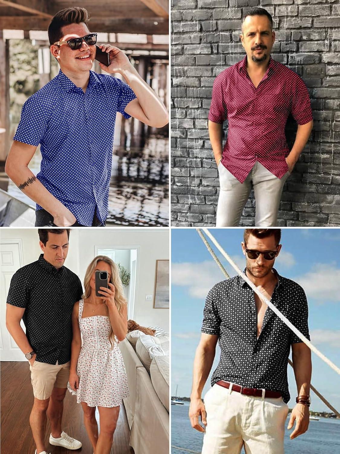 imageRuncati Mens Button Down Shirts Short Sleeve Wrinkle Free Dress Shirts Business Casual Polka Dot Print Shirt with PocketNavy
