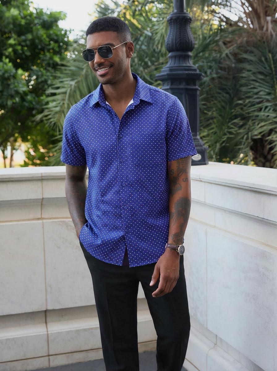 imageRuncati Mens Button Down Shirts Short Sleeve Wrinkle Free Dress Shirts Business Casual Polka Dot Print Shirt with PocketNavy