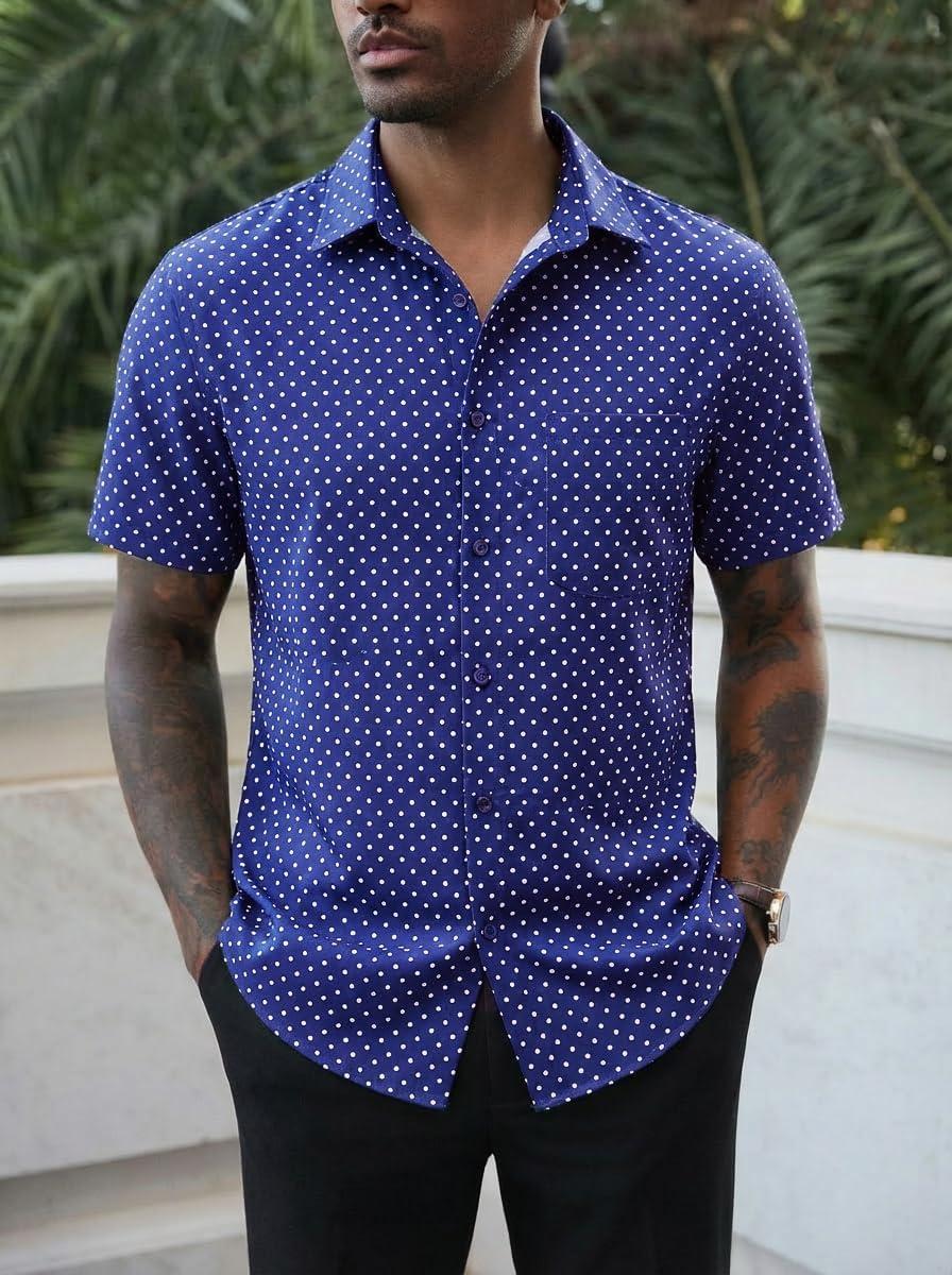 imageRuncati Mens Button Down Shirts Short Sleeve Wrinkle Free Dress Shirts Business Casual Polka Dot Print Shirt with PocketNavy