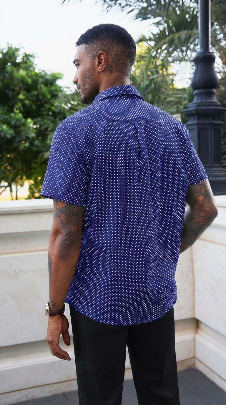 imageRuncati Mens Button Down Shirts Short Sleeve Wrinkle Free Dress Shirts Business Casual Polka Dot Print Shirt with PocketNavy