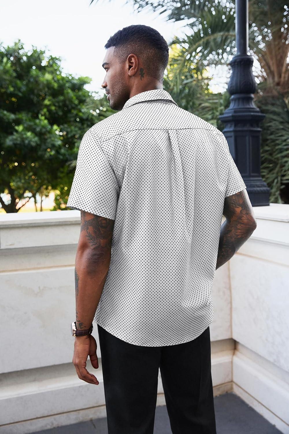 imageRuncati Mens Button Down Shirts Short Sleeve Wrinkle Free Dress Shirts Business Casual Polka Dot Print Shirt with PocketWhite